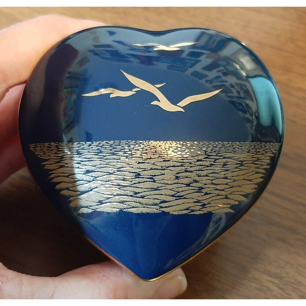 Ocean Seagulls Navy Blue and Gold Otagiri Japan Heart Shaped Trinket Box 3" x 3"